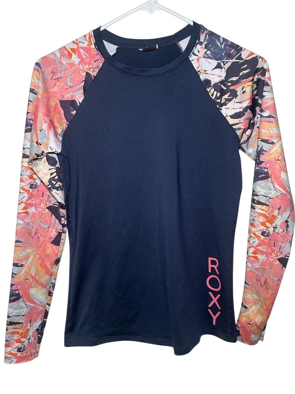 Roxy Navy Surf Top with Coral-Pink Floral Raglan Sleeves Swim Surf Beach Lake S